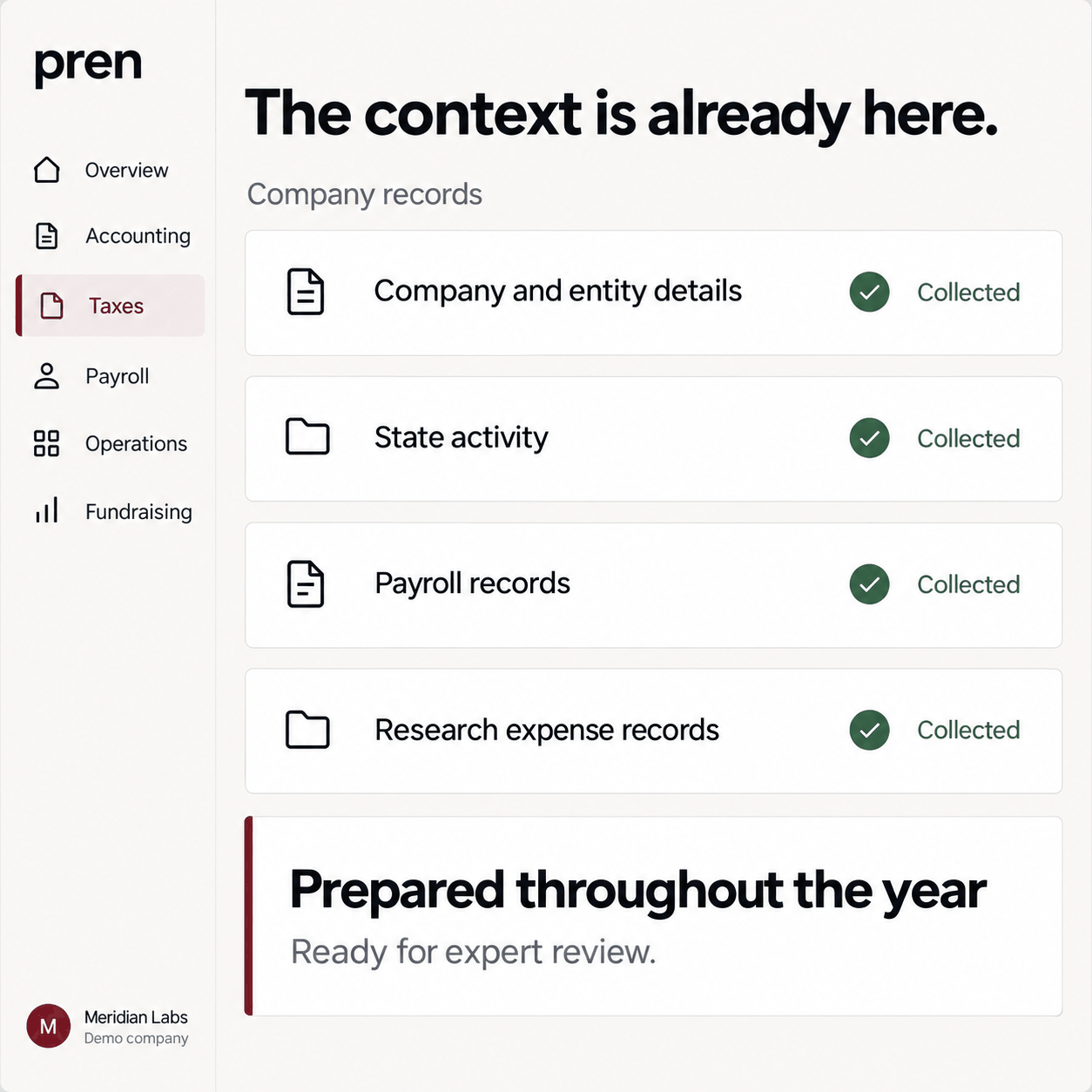 Demo tax preparation context showing company, state, payroll, and research records collected.