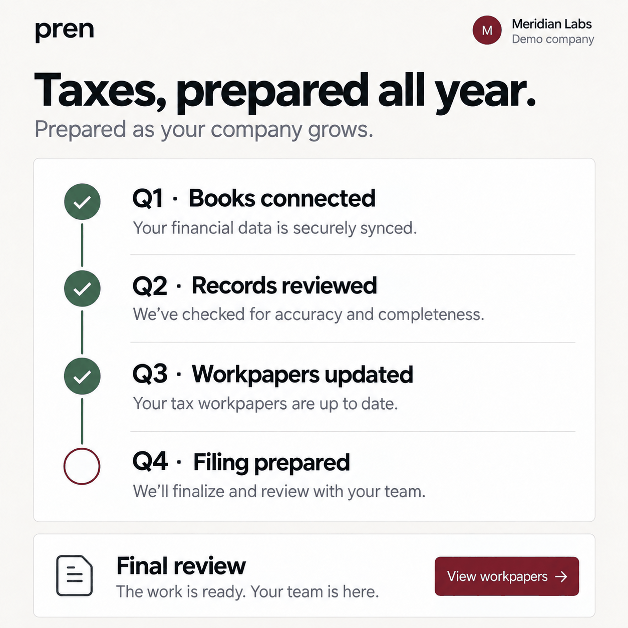 Concept preview of Pren tax preparation continuing throughout the year, with completed work leading to a final review.