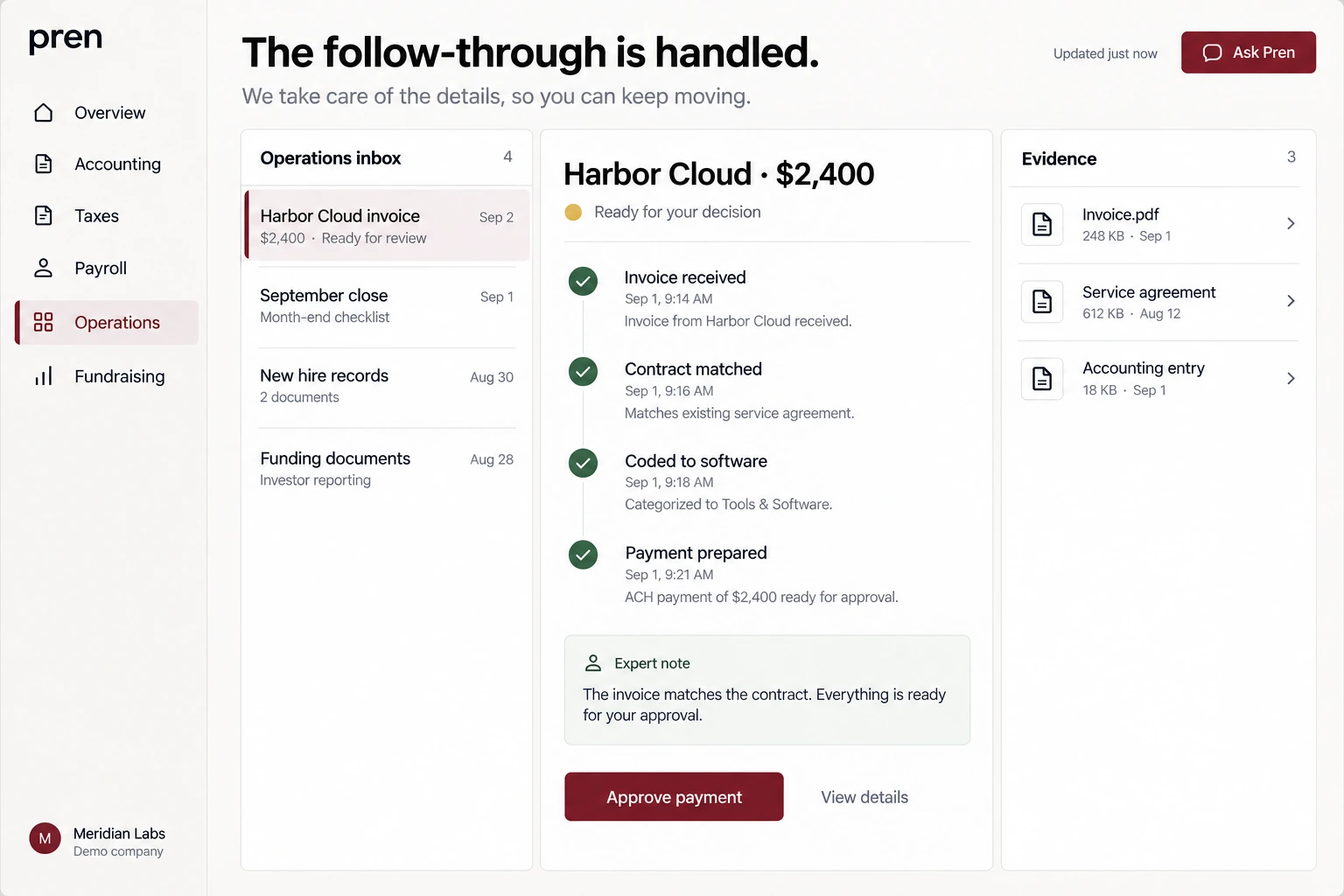 Illustrative Pren operations workspace with a prepared invoice approval for a demo startup.