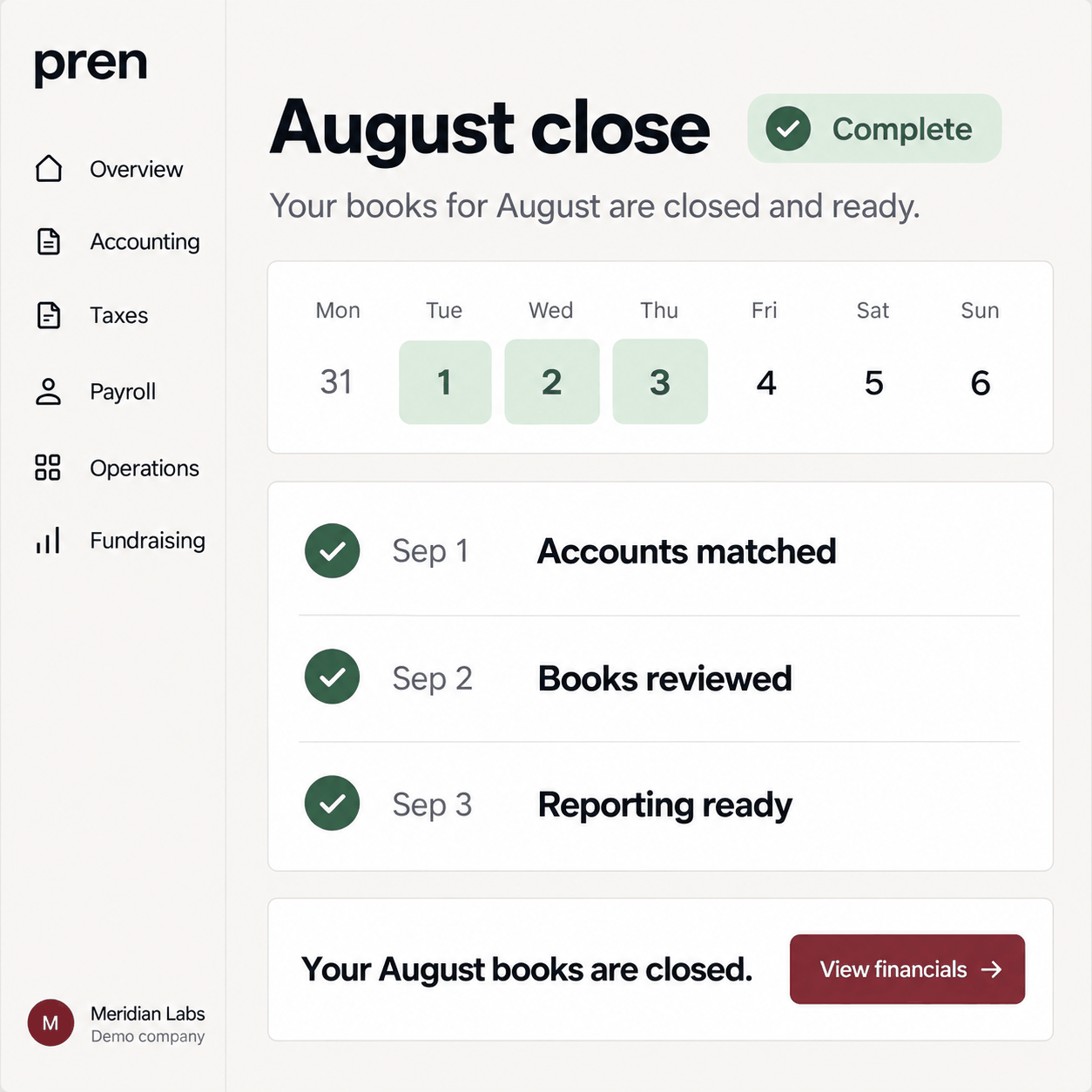 Demo monthly close calendar showing reconciled accounts, reviewed books, and completed reporting.