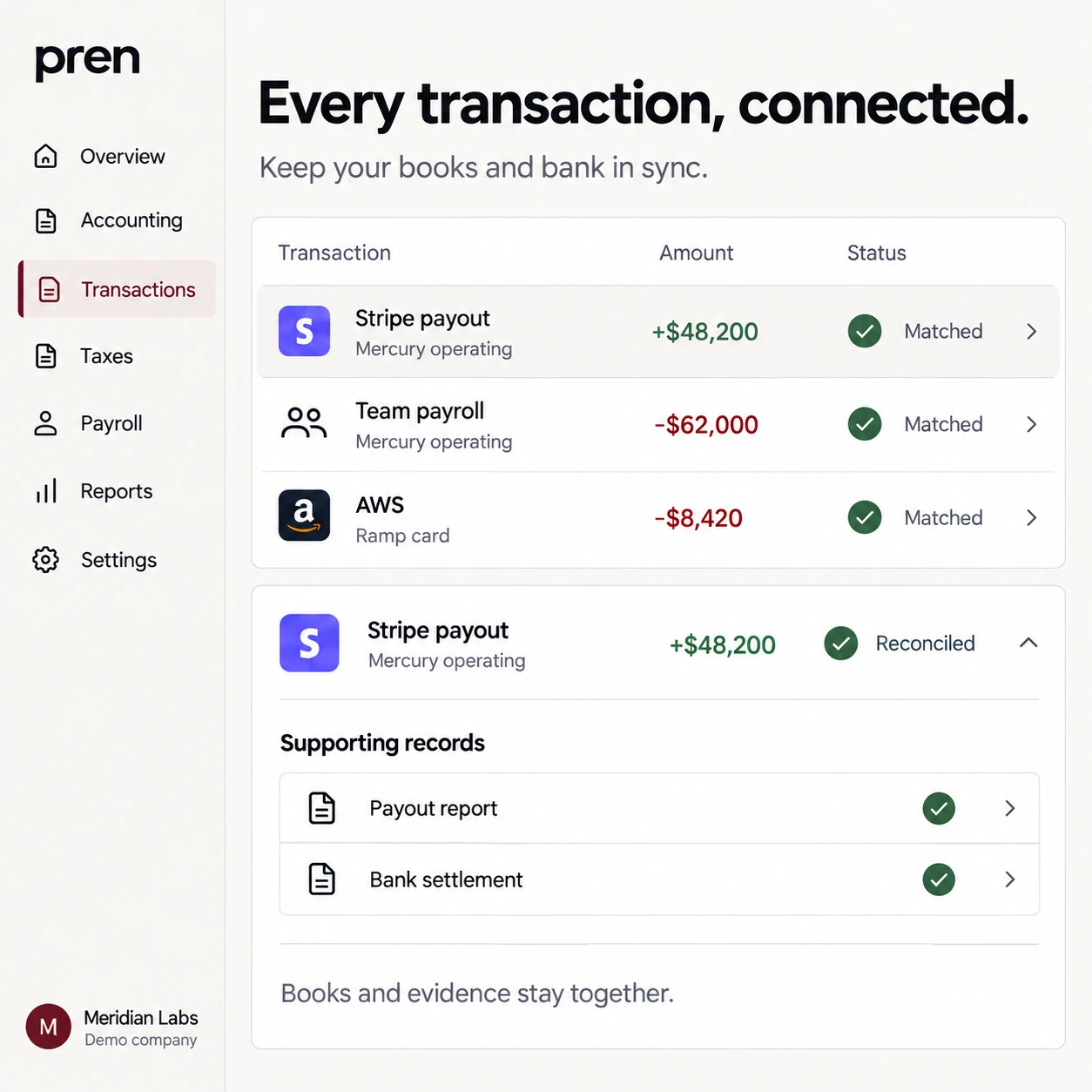 Demo reconciled transaction ledger with source accounts, matched records, and clear transaction amounts.