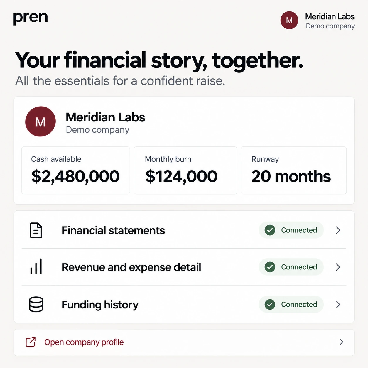 Demo fundraising company financial profile with cash, burn, runway, and connected financial records.