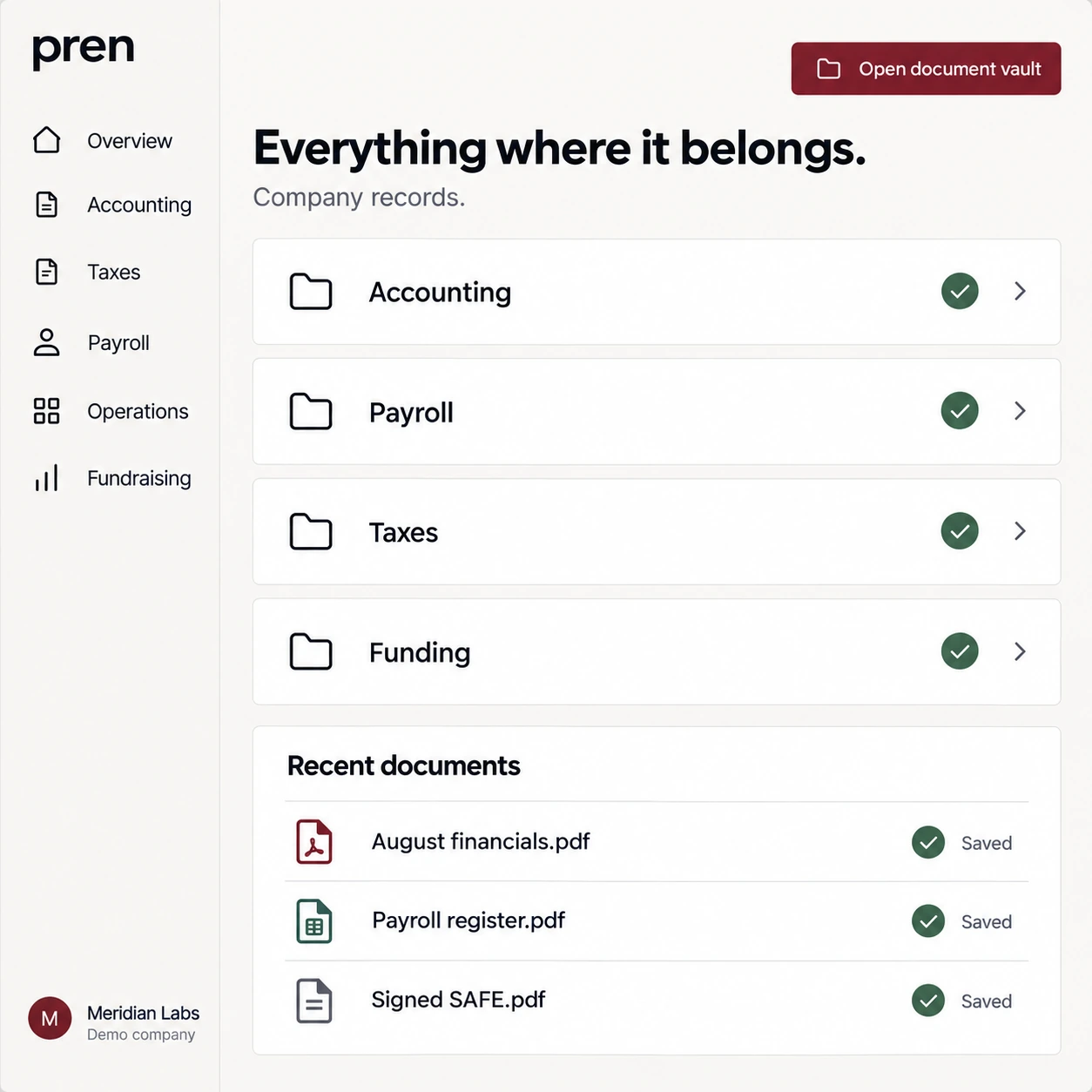 Demo company document vault with organized accounting, payroll, tax, and funding records.